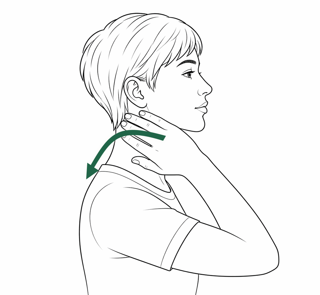 Illustration showing hand placement on side of neck just below the ears, with arrow indicating backward and downward stroke direction