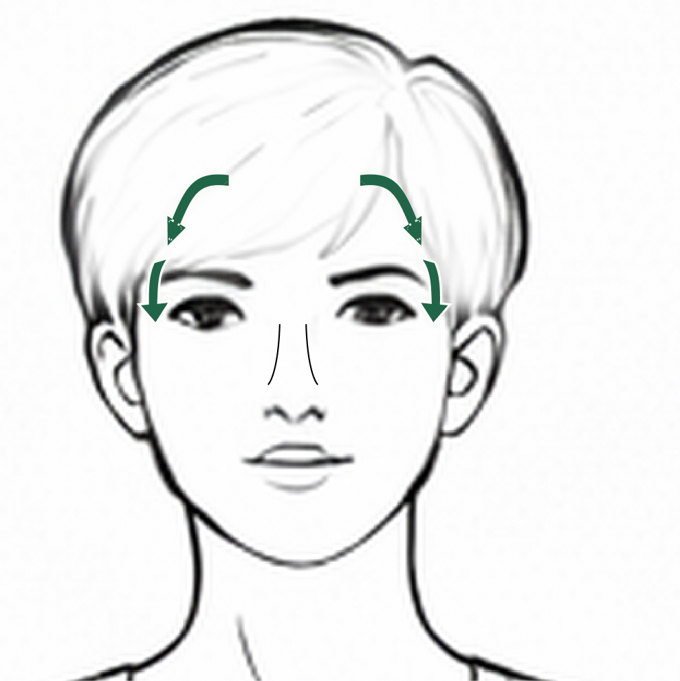 Illustration showing downward forehead strokes from hairline toward the temples