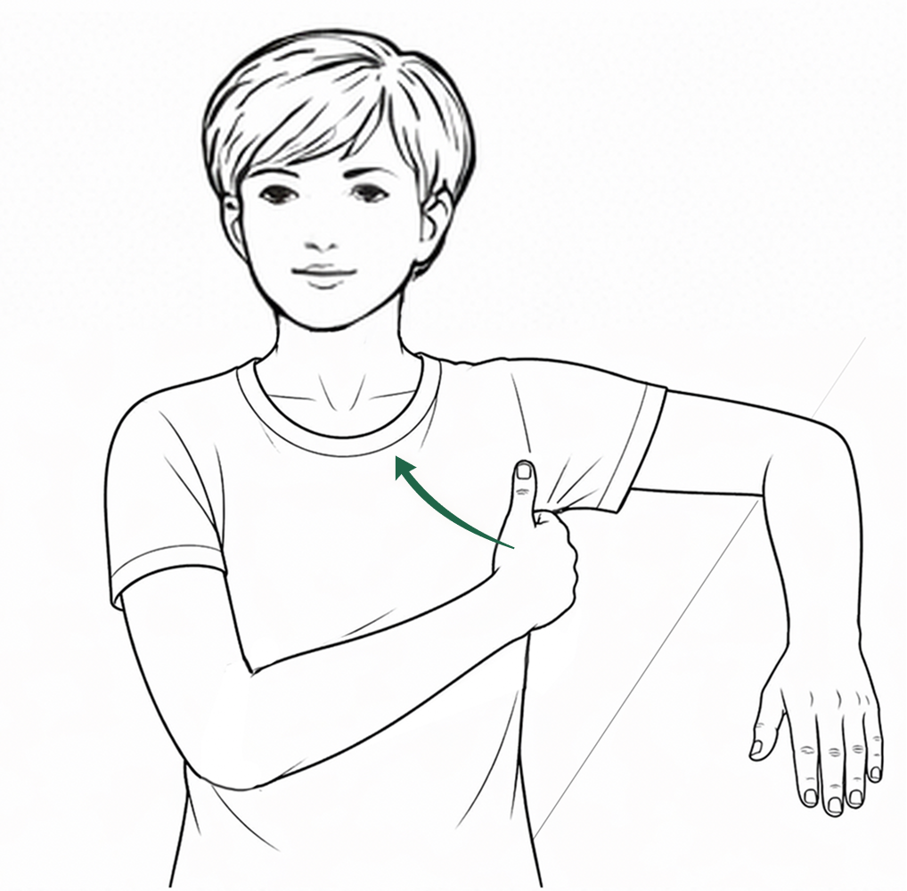 Illustration showing palm placement in underarm for lymph node stimulation, with arrow indicating upward and inward direction