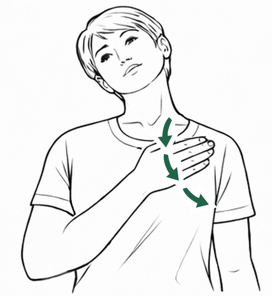 Illustration showing hand movement from the collarbone downward and toward the underarm, with directional arrows
